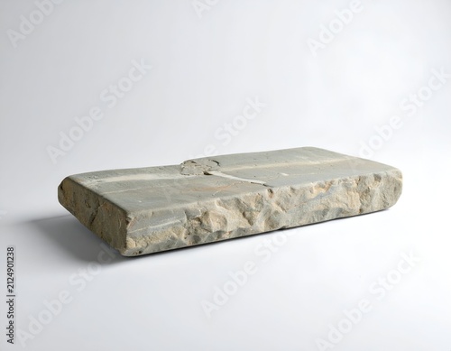 Gray rectangular stone with textured edges and a central groove, isolated on white background