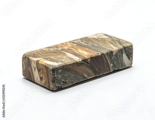 Rectangular stone specimen with a layered, swirling pattern, sitting on a white background