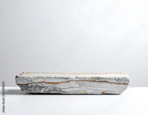 A rectangular, layered stone slab rests against a white background, lit from above