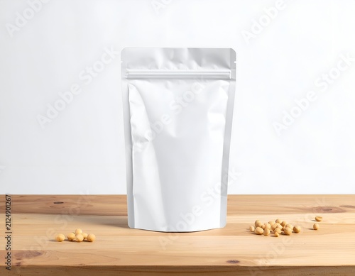 A tall, white, stand-up pouch mockup with a zipper seal sits on a wooden surface