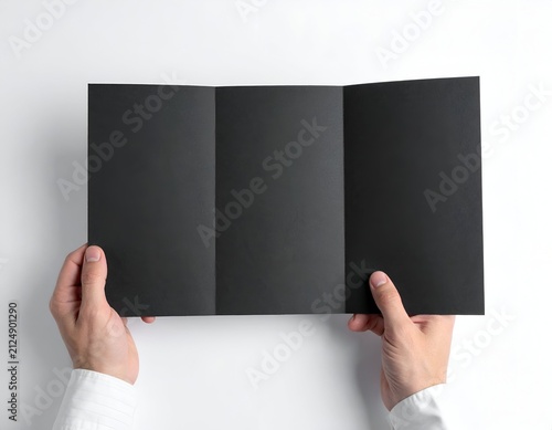 Hands holding a blank, open, black brochure against a white background