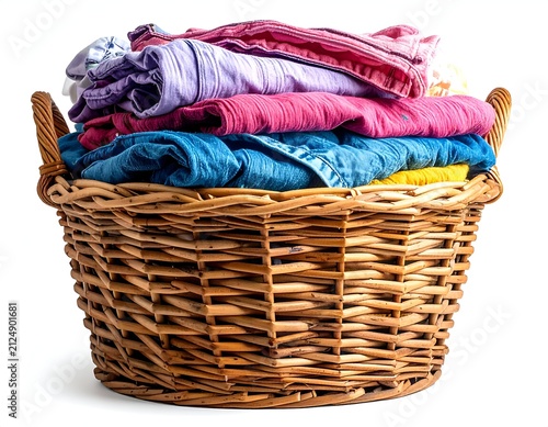 A wicker laundry basket overflowing with vibrant, folded clothes on a white background