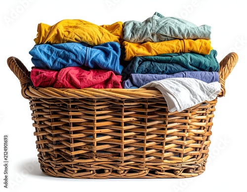 Stacked, colorful folded clothes overflowing a woven brown laundry basket