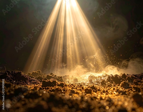 Bright light beams shine down on freshly tilled earth, creating an ethereal glow