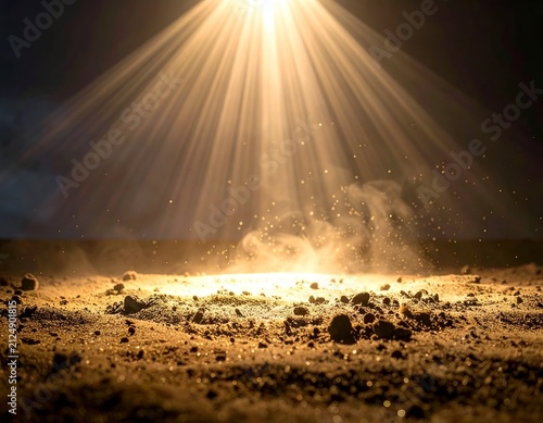 Spotlight beams down on a rough, earthy surface, creating a celestial ambiance