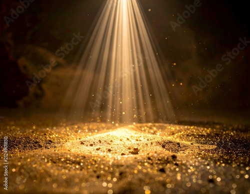 Dramatic shaft of golden light illuminates a rough surface speckled with sparkles, in a dark space