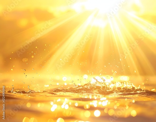 Golden sunlight bathes water, creating sparkling splash and brilliant, radiant beams