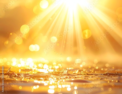 Sunbeams burst from above, illuminating water with bright golden light and bokeh