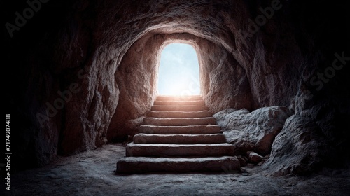 Ascending stairs toward light illuminating the unknown future