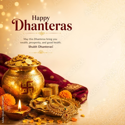Happy dhanteras gold jewelry and coins in ornate pot with diya dhanteras prosperity festival celebration abundance religious tradition