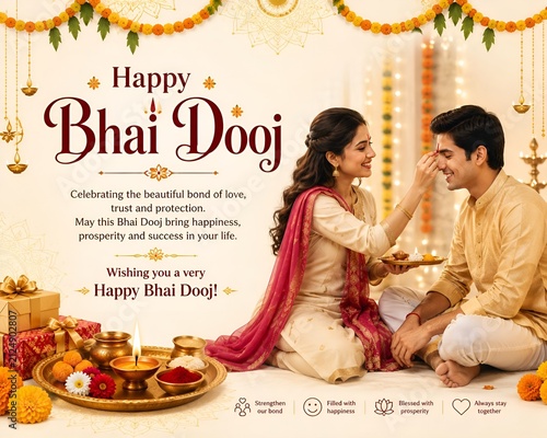 Happy bhai dooj greeting card with sister applying tilak to brother, traditional indian festival celebration, diya lamp and marigold decorations