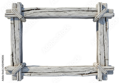 a hyper-detailed 3d rendering of a thick rectangular frame constructed from bleached ocean driftwood, centered on a transparent background for high-contrast copy space. concept of nautical endurance