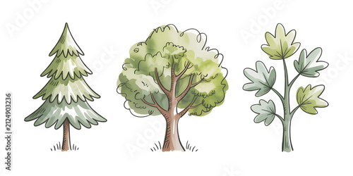 Watercolor Clipart: Set of Three Isolated Hand-Painted Trees
