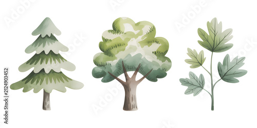 Watercolor Clipart: Set of Three Isolated Hand-Painted Trees
