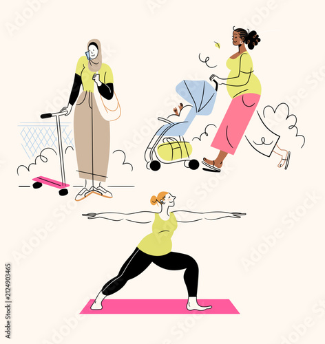 Three Vector Diverse Pregnant Mother Character Designs Motherhood Pink Green Baby Yoga Muslim Woman