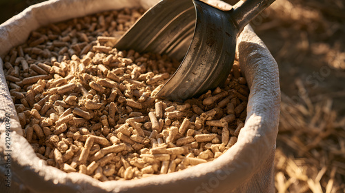Livestock Feed Pellets with Metal Scoop on Farm