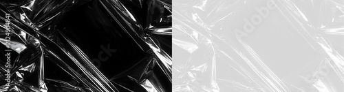 Transparent plastic film texture with light reflections. Wrinkled cellophane overlay on black background