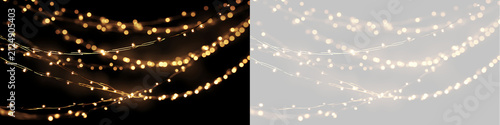Golden string lights backdrop on transparent grid and black background. Glowing fairy lights garland overlay with bokeh effect for holiday decor