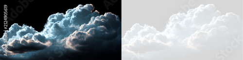 Volumetric cumulus cloud asset with transparent background and black background version. Realistic cloud element for design
