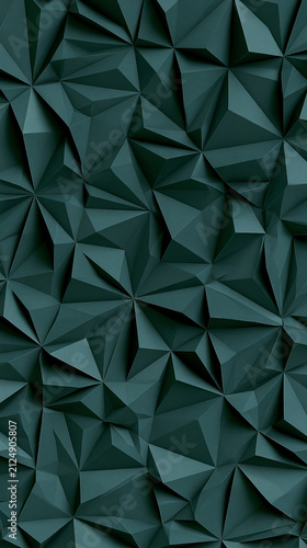 Abstract low-poly triangular tessellation, geometric facets, deep coniferous green and gray-turquoise hues, muted patina and dark cyan tones, matte solid colors, overall dark palette, low saturation, 