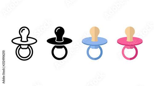 Collection of baby pacifier icons in outline and flat color styles for newborn care, nursery, and parenting concepts