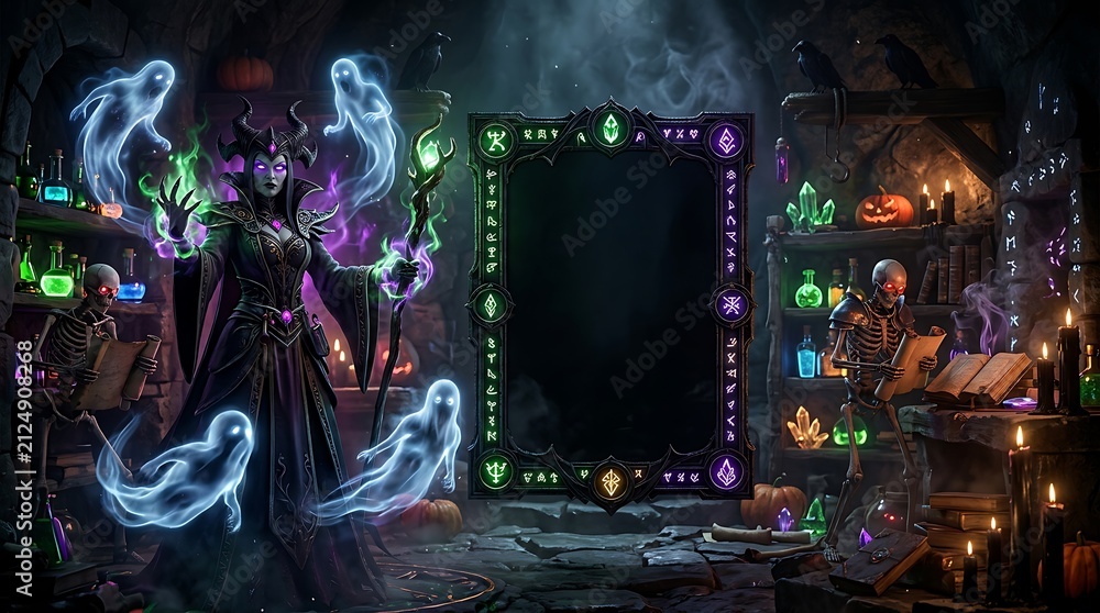 Fototapeta premium Dark Enchantress Performing Magic Ritual in a Mystical Workshop Frame Template