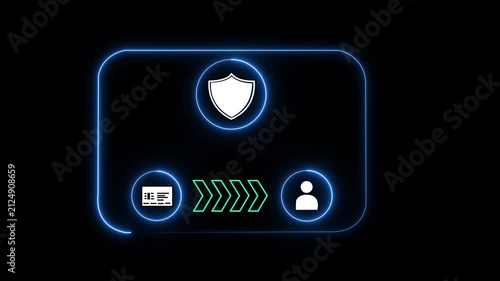 Cleared neon sign with shield checkmark credit card and user on black background secure transaction approved symbol