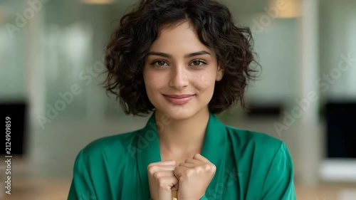 Young professional woman in green blazer clutching a gold trophy in an office setting for celebration portrait and corporate banner design