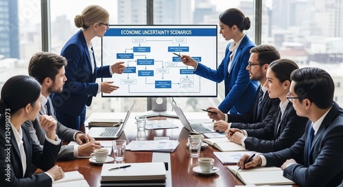 Business Team Brainstorming Meeting with Flowchart Presentation in Modern Office Boardroom