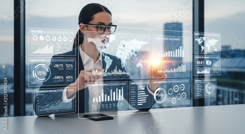 Businesswoman Analyzing Digital Data with VR Interface and Interactive Virtual Screen