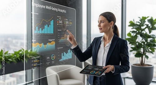 Businesswoman Analyzing Employee Wellbeing Data on Virtual Screen in Modern Office