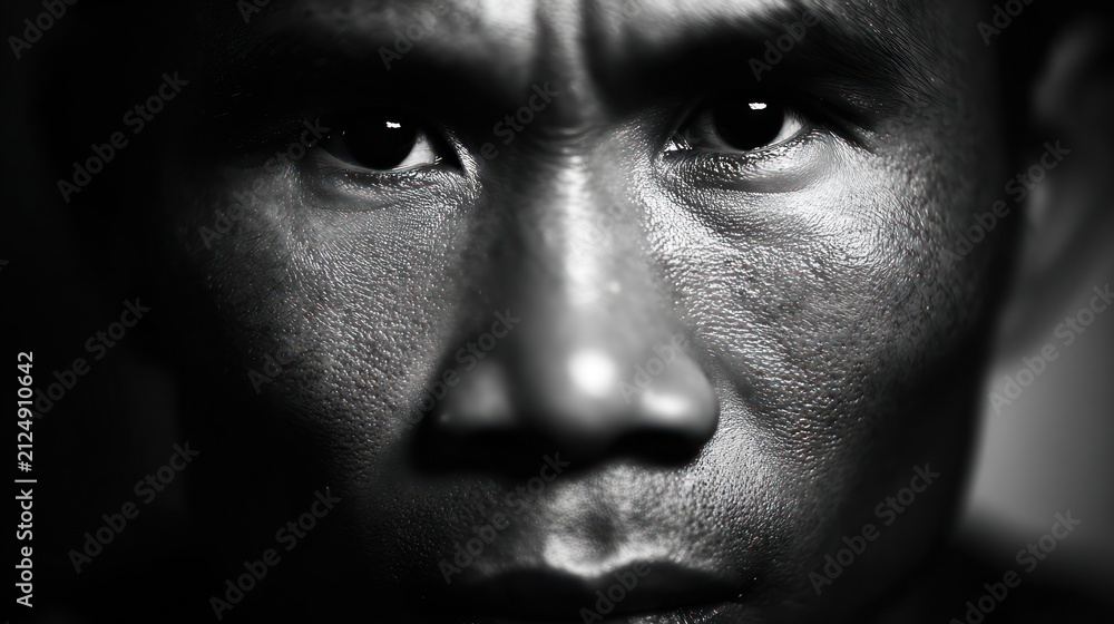 Naklejka premium Close up portrait of a person in dramatic black and white lighting