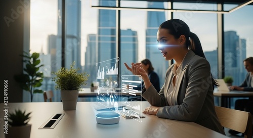 Businesswoman Interacting with AI Holographic Display in Modern Office
