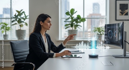 Businesswoman Interacting with Futuristic UI on Computer Screen in Modern Office