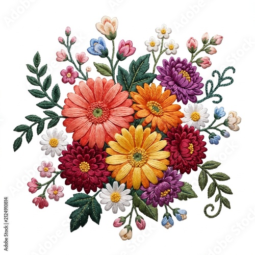 Gerbera daisies mixed with small wildflowers create a cheerful and balanced floral composition that serves as a beautiful graphic asset for spring themed projects or elegant wedding stationery.