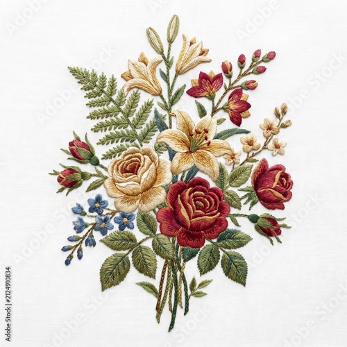 Roses and lilies intertwined in a classic floral arrangement showcase fine thread work and delicate embroidery techniques that bring a rich textural quality to this elegant botanical composition.