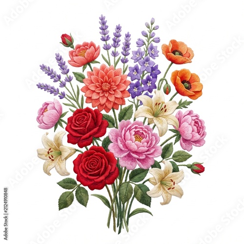 Flowers gathered in a vibrant botanical bouquet include rich red roses and soft pink peonies alongside elegant lilies and purple lavender stalks to create a refined floral arrangement for design work.