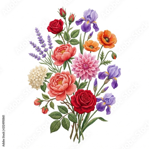 Flowers arranged in a vibrant botanical bouquet display a colorful selection of roses and irises that bring a sense of natural beauty and elegance to any creative project requiring floral art.