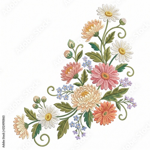 Chrysanthemums and daisies form a delicate floral corner arrangement that provides a soft and inviting aesthetic for stationery designs or elegant web graphics needing a touch of natural seasonal.