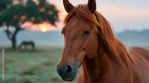 Closeup chestnut horse portrait at sunrise in dew covered meadow for animal banner and equine portrait background design