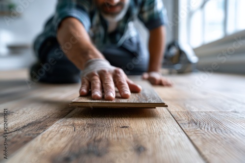 Worker installing wood laminate flooring indoors