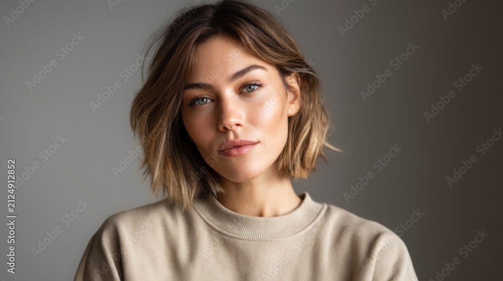 Fototapeta premium Portrait of a young woman with striking blue eyes and a subtle smile, looking directly at the camera