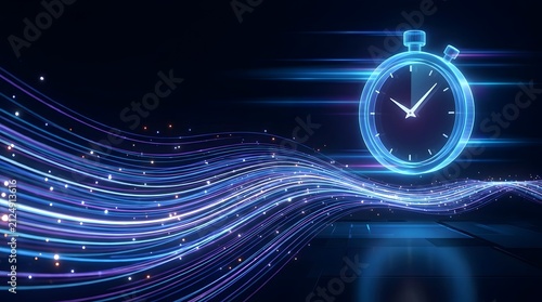 Modern glowing blue clock hovering over a dark reflective digital grid with fast data light trails representing future technology.