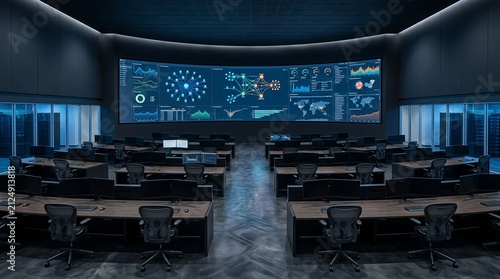 Futuristic data monitoring operations center with large display wall monitoring technology security