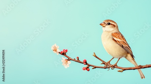 Small Brown Bird on Pink Blossom Branch Light Blue Background