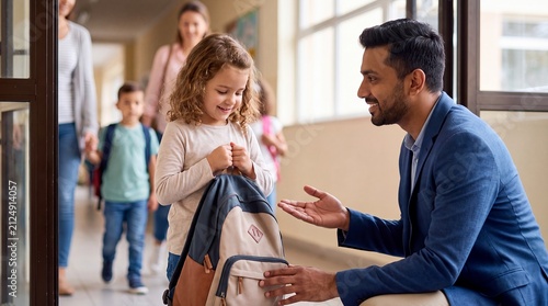 teacher girl backpack greeting classroom school welcome child kindness support male educator kneels at the doorway to welcome a smiling pupil creating safety trust and a positive school morning