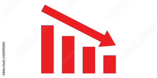 Foto Red bar chart showing downward trend with a descending arrow, representing financial decline or negative statistics, conceptual graphic for recession or losses on transparent background
