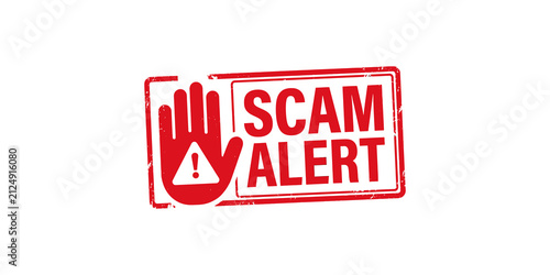 Fotografie A bold red 'scam alert' stamp with a hand stop symbol, indicating caution and warning against fraudulent activities and deception