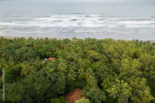 Aerial view of the coastline at Montelimar featuring dense palm tree forests, sandy beach, and ocean waves in Montelimar, Managua, Nicaragua.