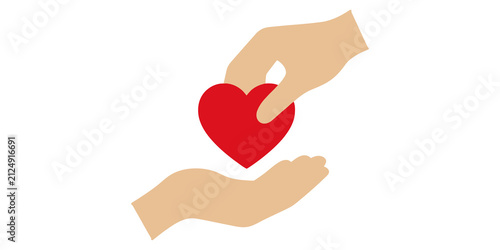 Two beige hands are shown in a close up shot against a transparent background, one hand reaching down to offer a red heart to the other hand reaching up.